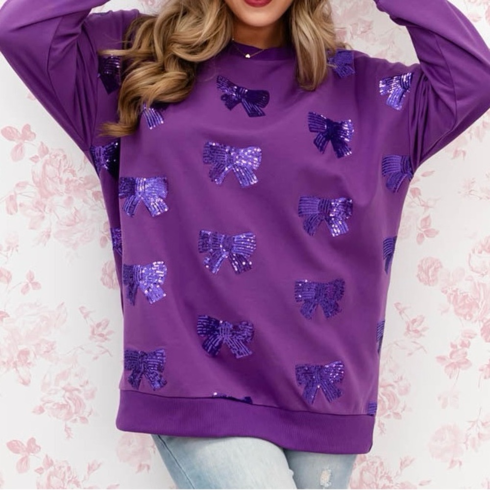 Whiskey Darling Sequin Womens Bow Sweatshirt Purple Crewneck Oversized L/Xl New
